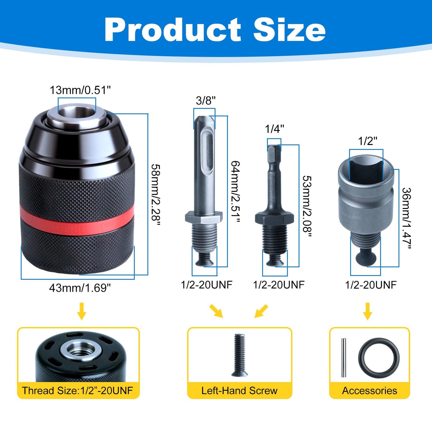 3-in-1 Keyless Drill Chuck Adapter, 1/2"-20 UNF Thread, 1.5-13mm Capacity, with 1/4" Hex, 1/2" Sq, 3/8" SDS-Plus Adapters for Impact Driver, Wrench, Rotary Hammer
