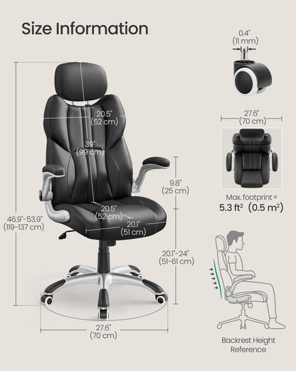 SONGMICS Office Chair, Ergonomic Gaming Chair, Adjustable Headrest, Tilt Function, Foldable Armrests, Swivel Castors, Adjustable Height, E-sports Chair, Ink Black OBG65BKUK