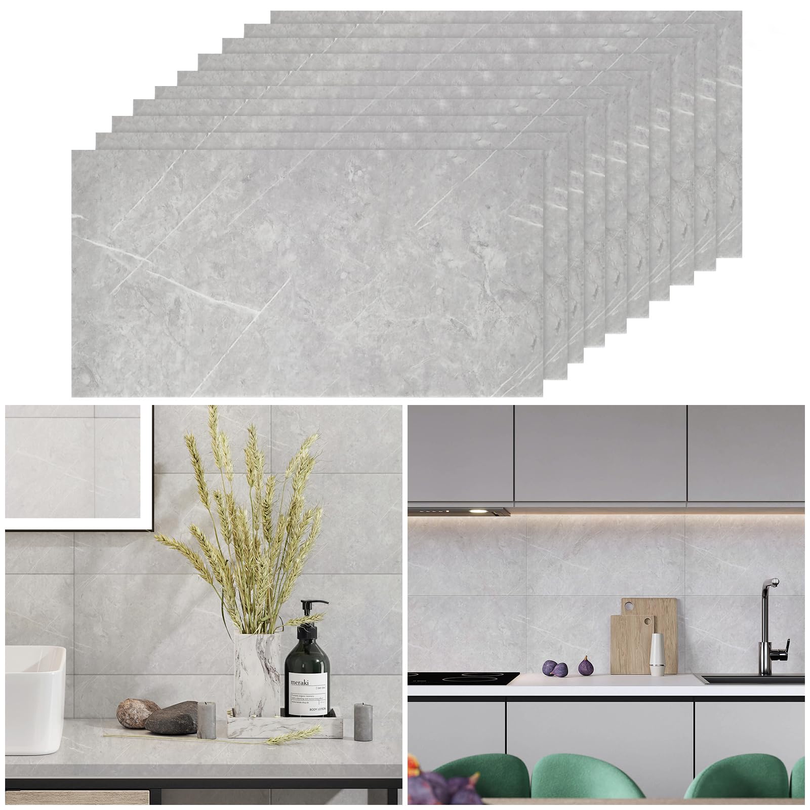 Warmiehomy Marble Tiles 60x30cm 10Pcs Thicken Self Adhesive Wall Tiles Waterproof,Peel and Stick on Vinyl Tiles for Living Room Bedroom Bathroom Kitchen Splashback,Monet Grey