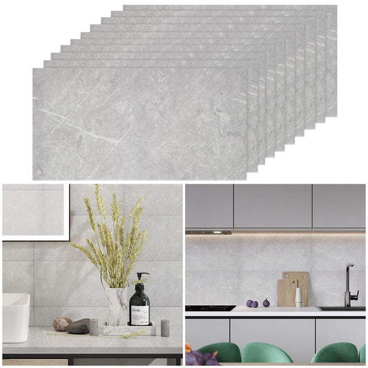Warmiehomy Marble Tiles 60x30cm 10Pcs Thicken Self Adhesive Wall Tiles Waterproof,Peel and Stick on Vinyl Tiles for Living Room Bedroom Bathroom Kitchen Splashback,Monet Grey