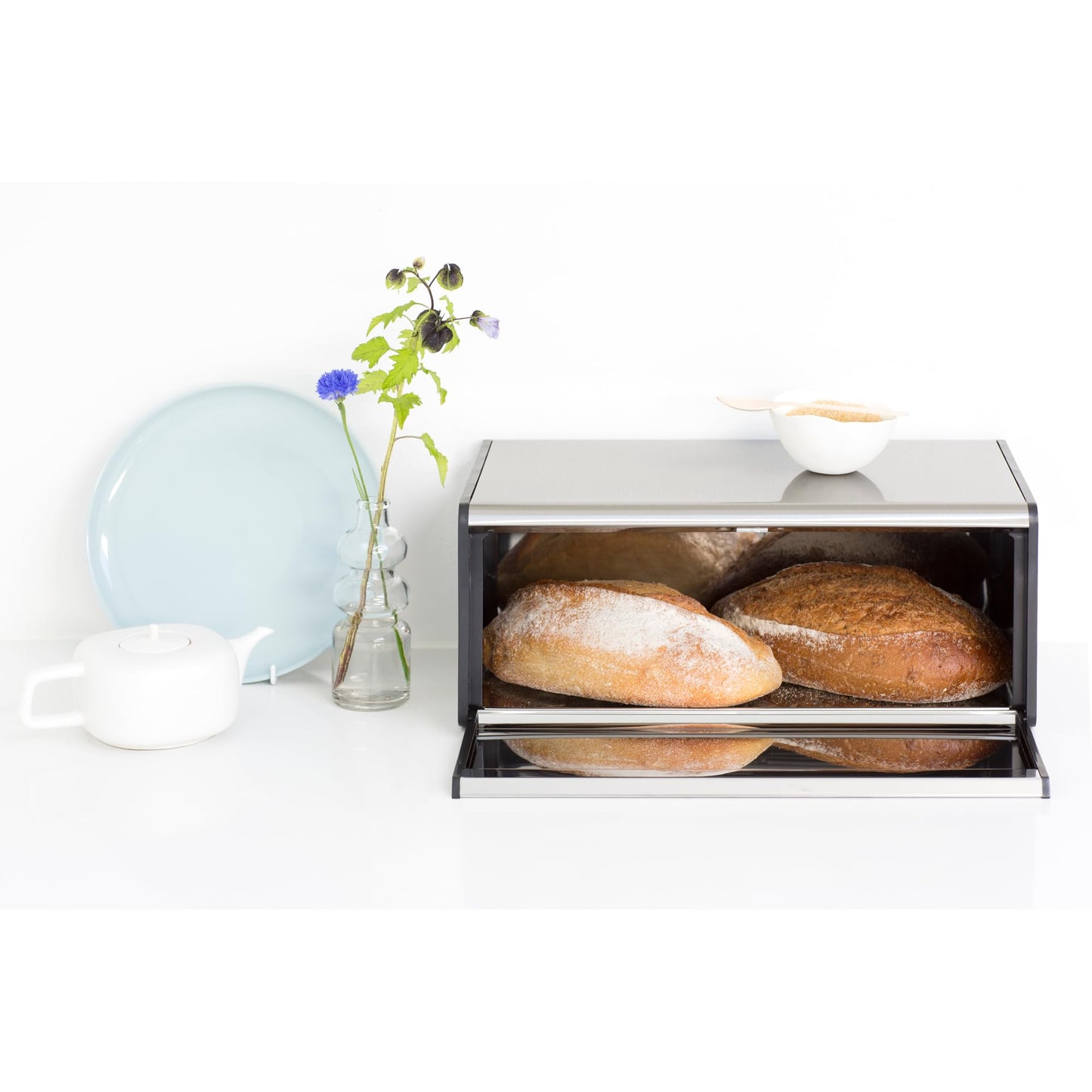Brabantia Fall Front Bread Bin – Large Countertop Storage Box for Bread, Bagels, Rolls – Space-Saving Design with Flat Top – Matt Steel