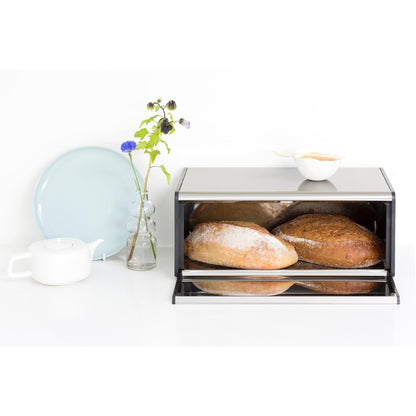 Brabantia Fall Front Bread Bin – Large Countertop Storage Box for Bread, Bagels, Rolls – Space-Saving Design with Flat Top – Matt Steel