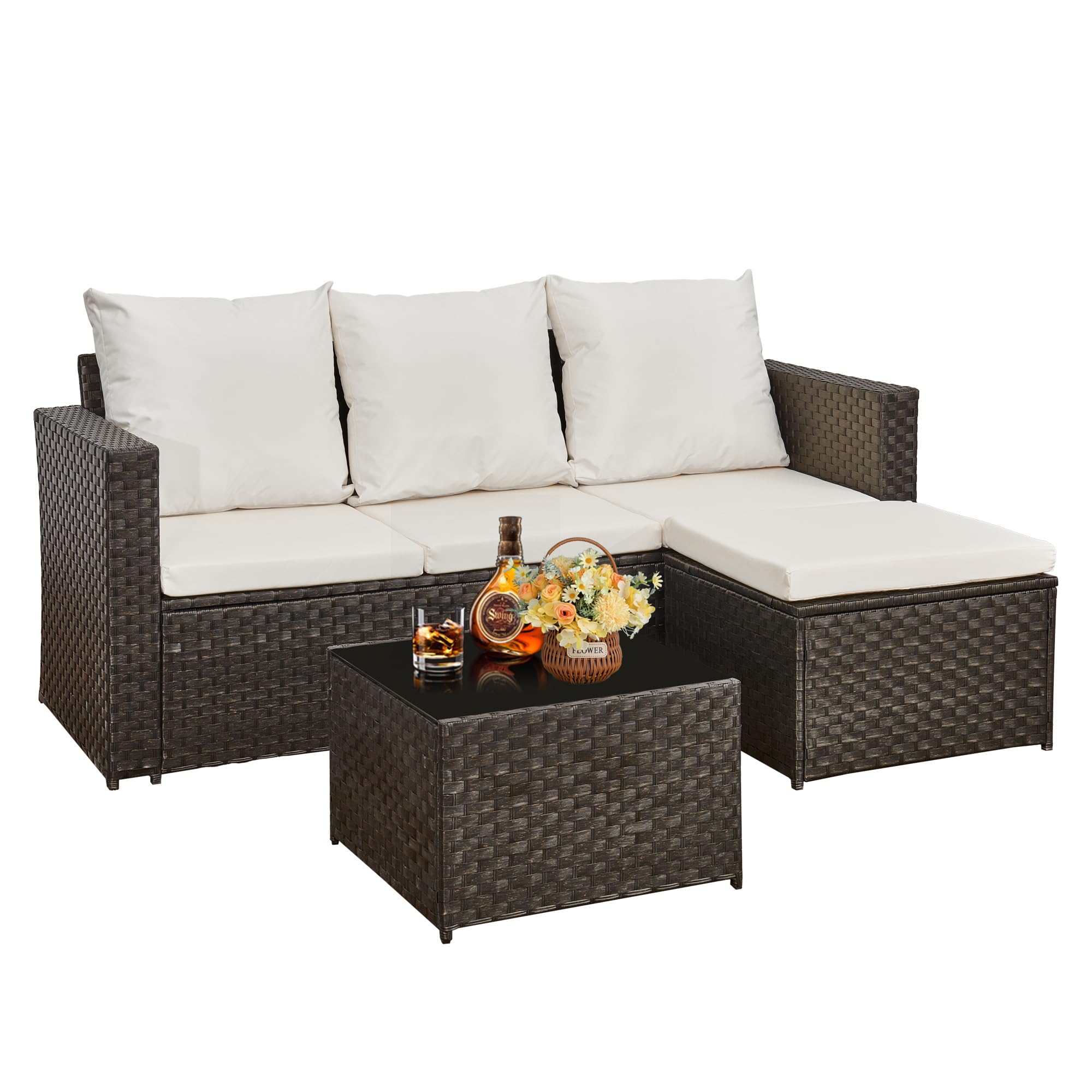 AOUXIN 3-Piece Rattan Garden Furniture Set, Outdoor Sectional Sofa with Coffee Table, Black Wicker, White Cushions