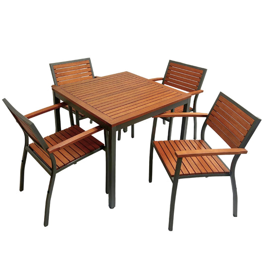 BrackenStyle Luxury Metal and Hardwood Dorset Outdoor Garden Patio Dining Square Set - 90cm Square Table & 4 Stackable Arm Chairs