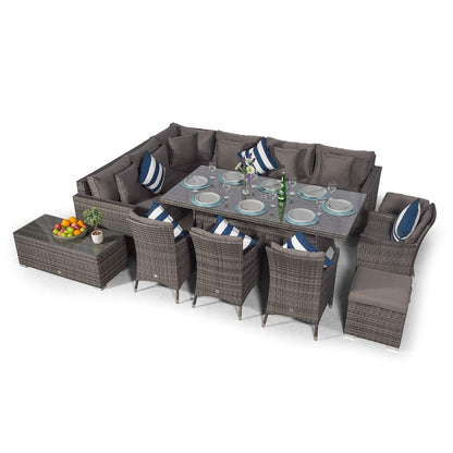 Giardino Havana 10 Seat Grey Rattan Corner Sofa Dining Set with 2x1m Rattan Dining Table, 4 Rattan Dining Chairs, Coffee Table, Parasol & Outdoor Furniture Covers | Rattan Dining Garden Furniture
