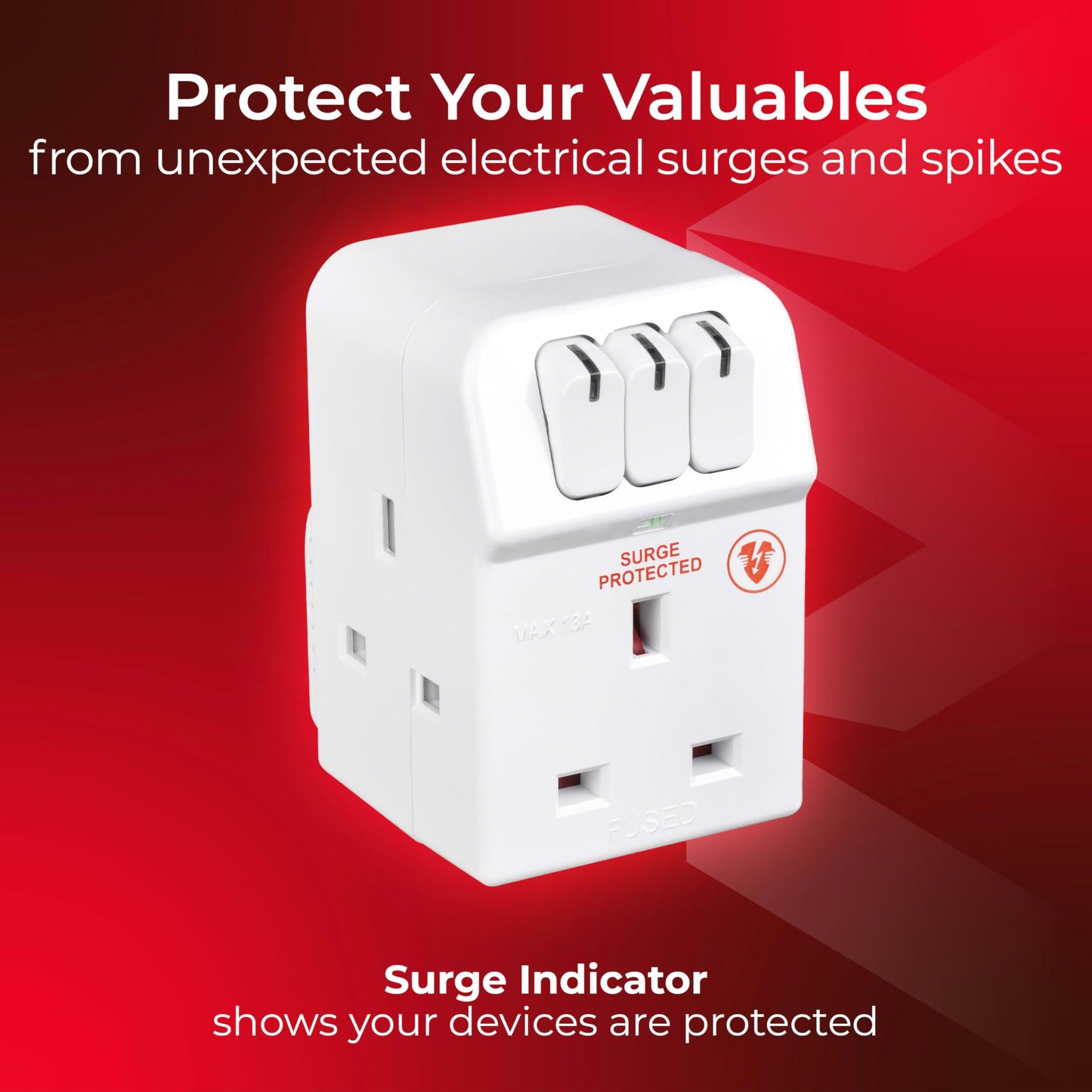 Masterplug Three Socket Surge Protected Adaptor with Individual Switches