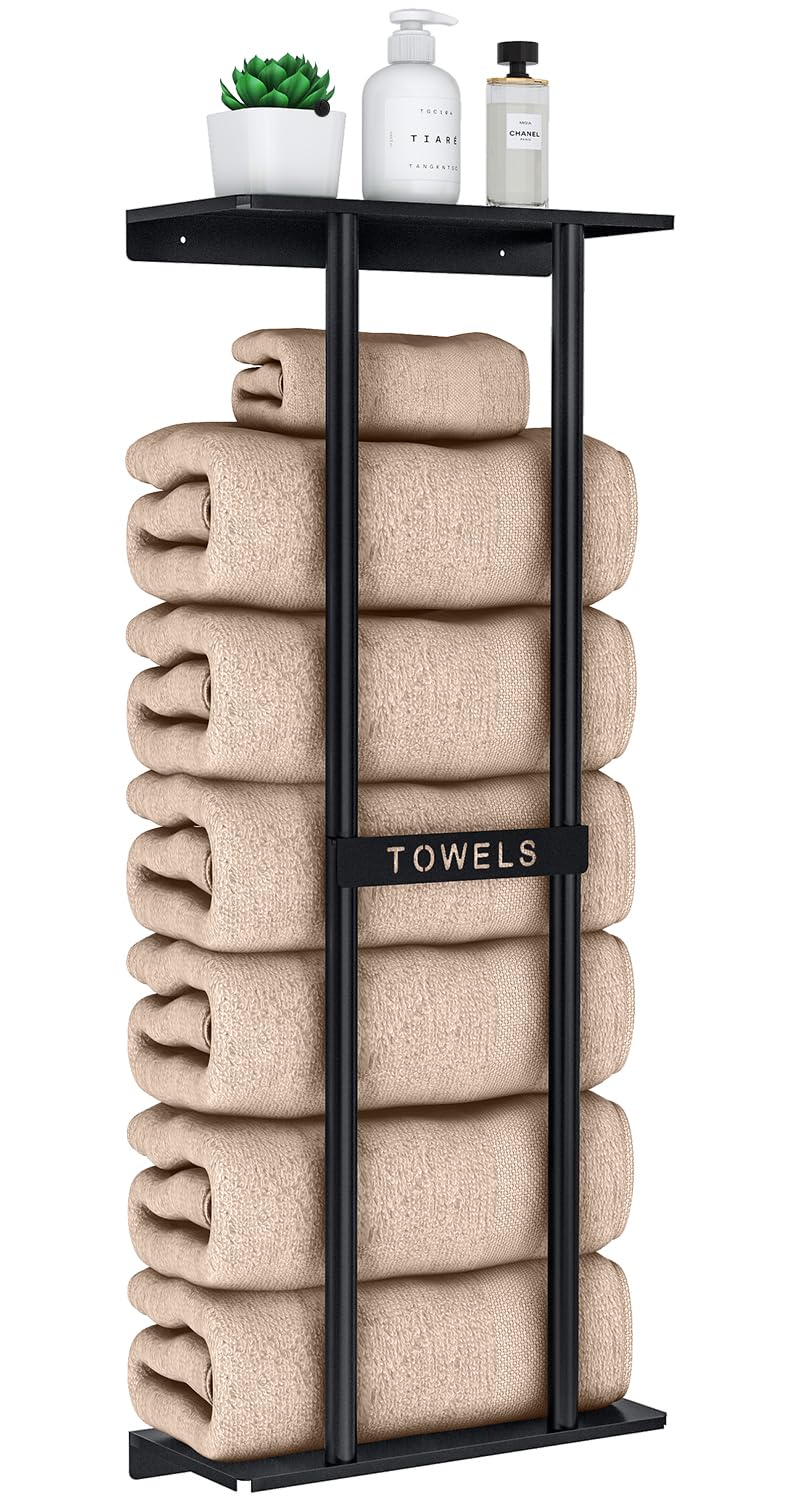 STWWO Wall Mounted Bath Towel Holder with Shelf, Large Bath Sheets & Rolled Towels Storage, 76x32x14cm