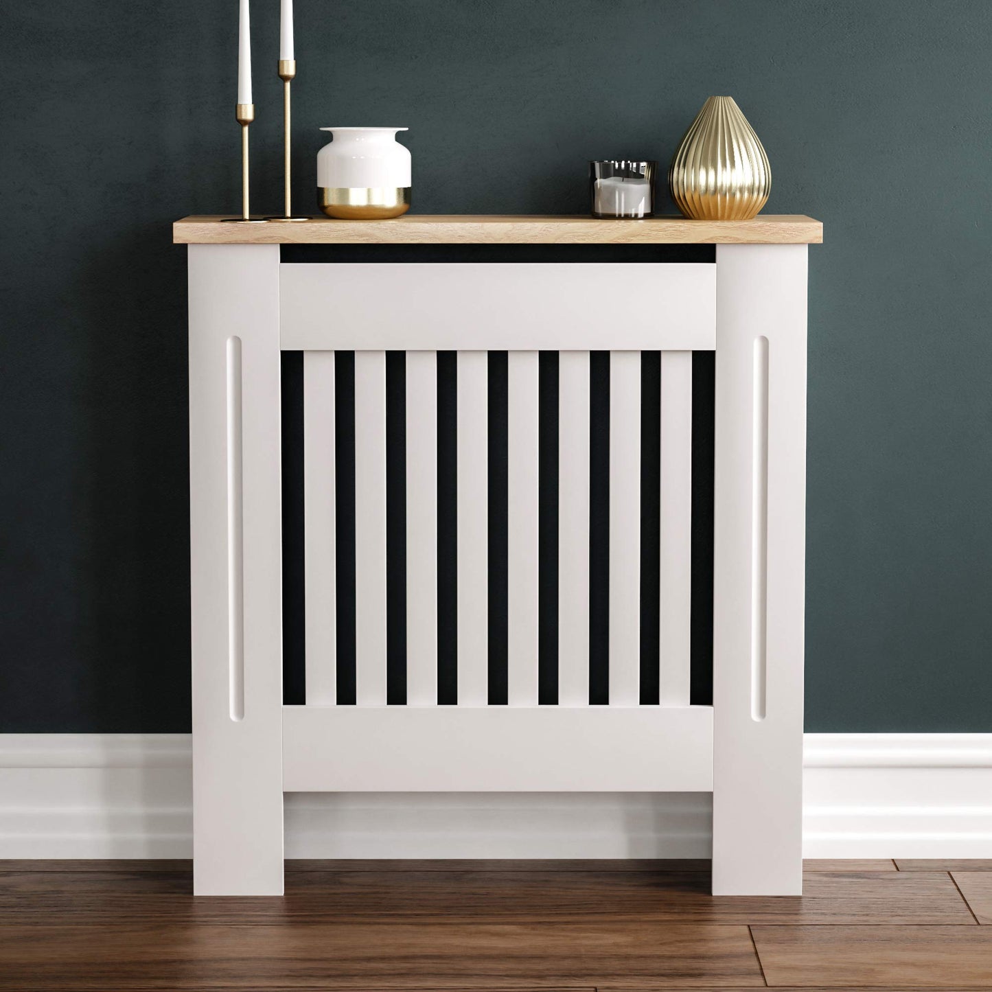 Vida Designs Arlington Radiator Cover White - Small - Modern Shaker Style Vertical Slat Design For Optimal Heat Circulation - H83.3xW78xD19cm - Painted MDF Cabinet with Wood Top Shelf