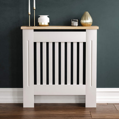 Vida Designs Arlington Radiator Cover White - Small - Modern Shaker Style Vertical Slat Design For Optimal Heat Circulation - H83.3xW78xD19cm - Painted MDF Cabinet with Wood Top Shelf