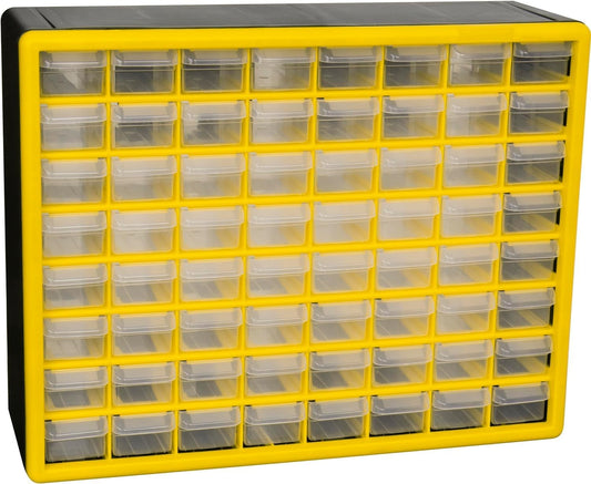 Akro-Mils 10164 64-Drawer Plastic Drawer Storage Cabinet for Garage Organization, Lego Storage, Teacher Toolbox, Makeup Organizer, and More, 50.8 cm W x 15.24 cm D x 40.64 cm H, Yellow