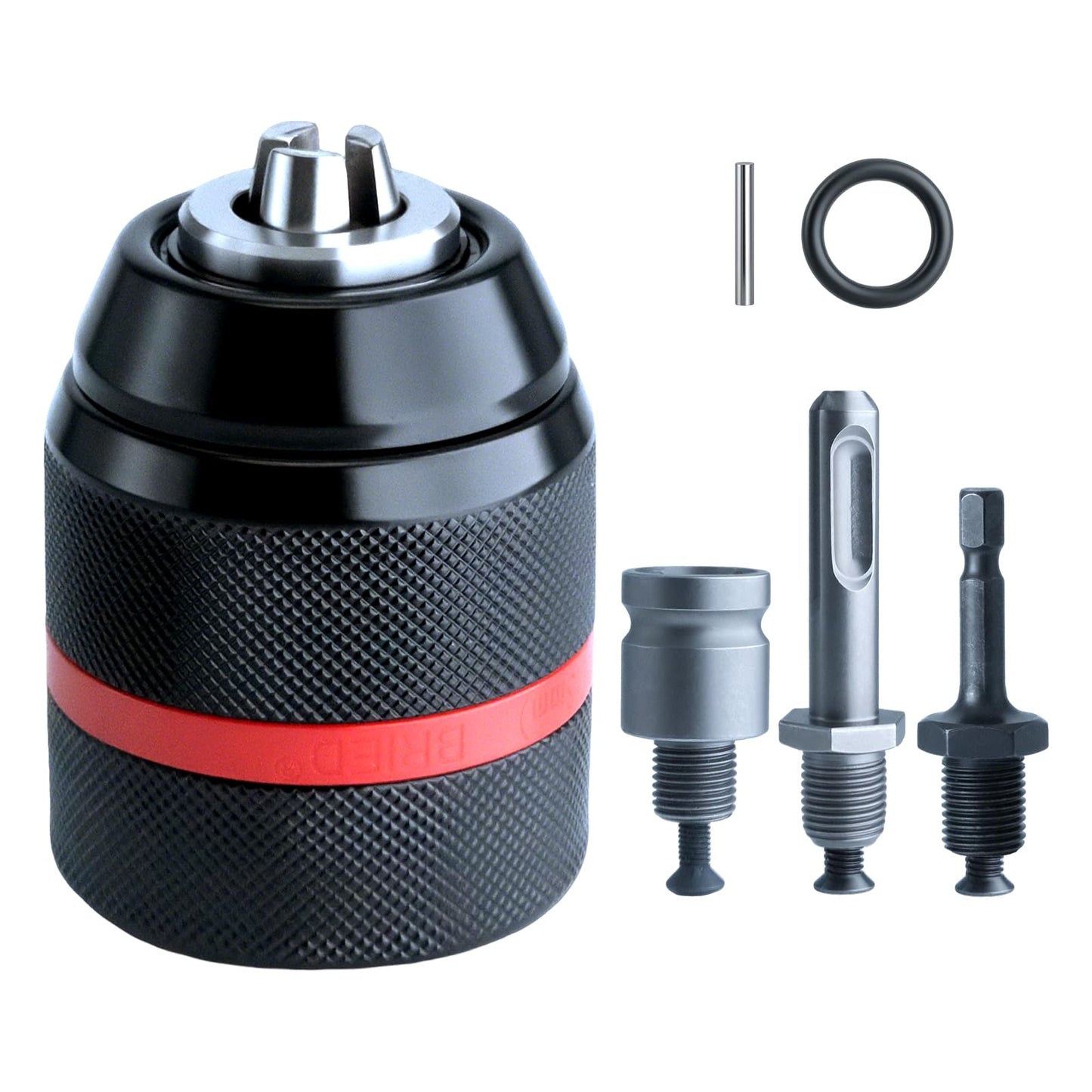 3-in-1 Keyless Drill Chuck Adapter, 1/2"-20 UNF Thread, 1.5-13mm Capacity, with 1/4" Hex, 1/2" Sq, 3/8" SDS-Plus Adapters for Impact Driver, Wrench, Rotary Hammer