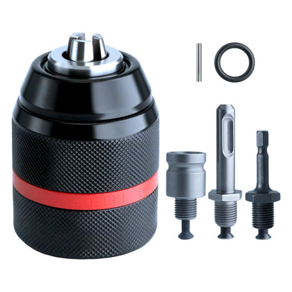 3-in-1 Keyless Drill Chuck Adapter, 1/2"-20 UNF Thread, 1.5-13mm Capacity, with 1/4" Hex, 1/2" Sq, 3/8" SDS-Plus Adapters for Impact Driver, Wrench, Rotary Hammer