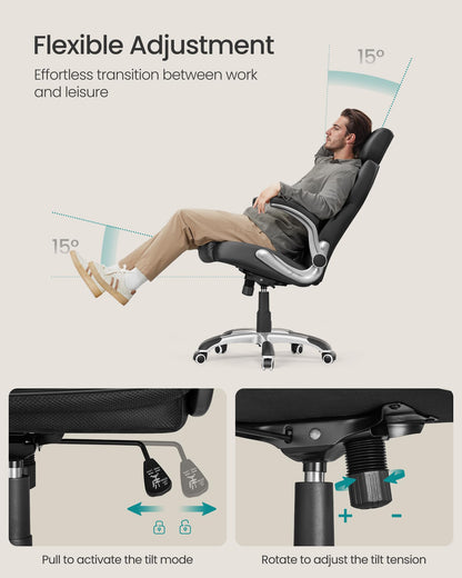 SONGMICS Office Chair, Ergonomic Gaming Chair, Adjustable Headrest, Tilt Function, Foldable Armrests, Swivel Castors, Adjustable Height, E-sports Chair, Ink Black OBG65BKUK