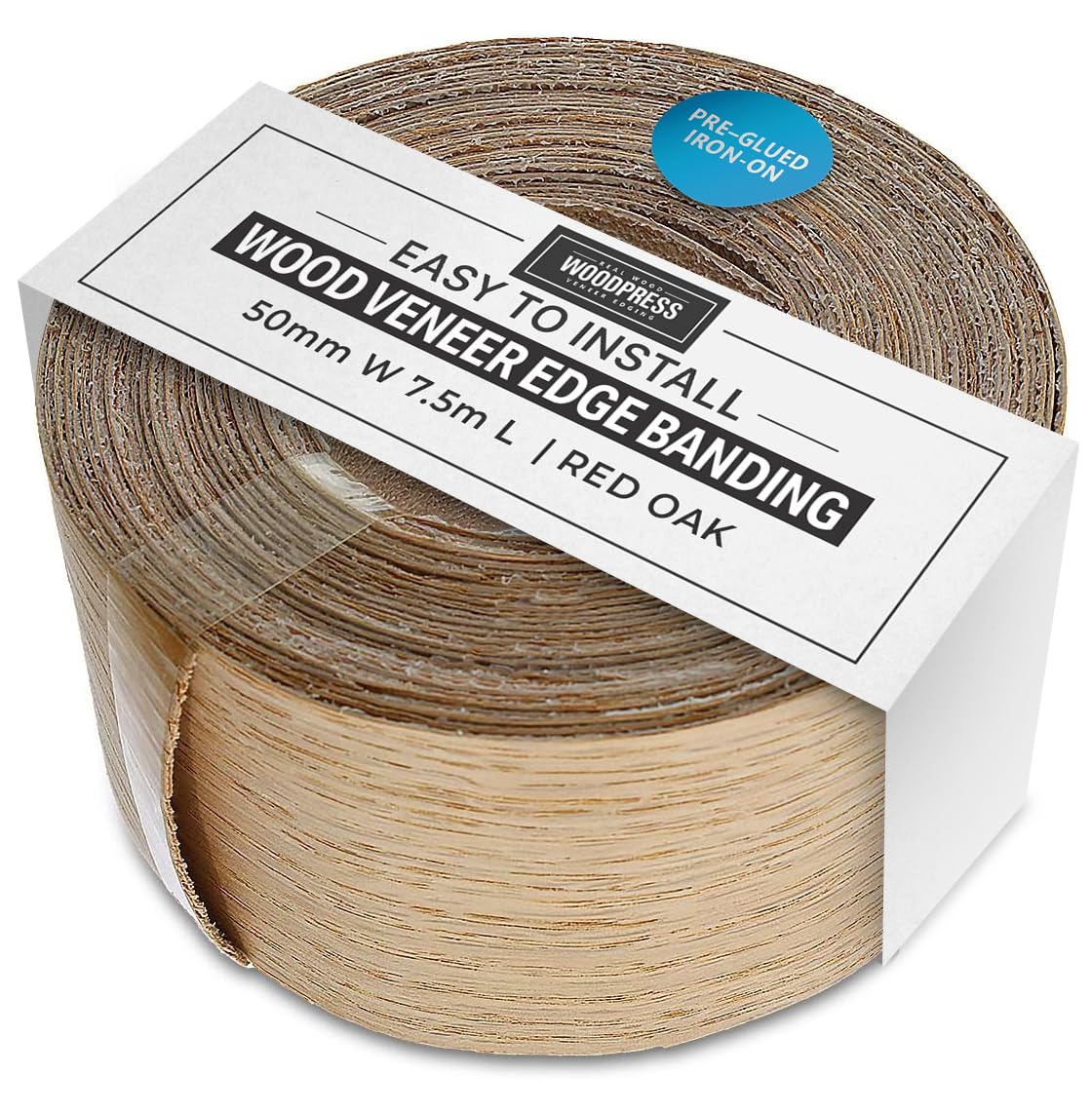 WoodPress® 50mm Real Red Oak Iron-On Edging – 7.5m Roll – Pre-Glued Wood Veneer Tape for Easy DIY Application – Will Cover The Edge of a Standard MDF Panel