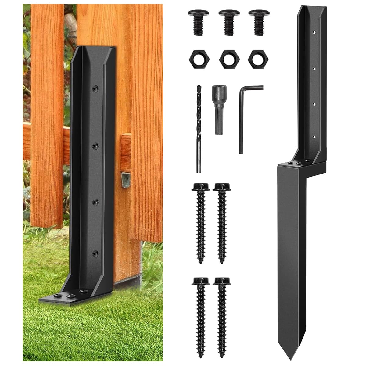 1PC Heavy Duty Fence Post Repair Stakes, Steel Fence Post Repair Kit with Nails, Drill, Garden Fence Ground Spike for Reinforcement, Ground Spike for Tilted/Broken Wood Fence