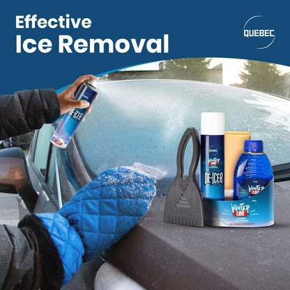Quebec Winter Essential Gift Pack – Quick Acting Deicer – Removes Dirt and Grime Screen Wash – Prevents Re-Freezing – Ice Scraper Compact Size – Windscreen Demister Pad – Easy to Use