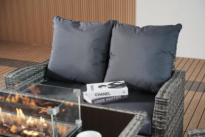 GOODS EMPORIUM 4 Seater Rattan Garden Furniture Set with Fire Pit Table - Outdoor Patio furniture - Conservatory Sofa sets - RAIN COVER INCLUDED (Dark Grey, 4 Seater with Fire Pit Table)