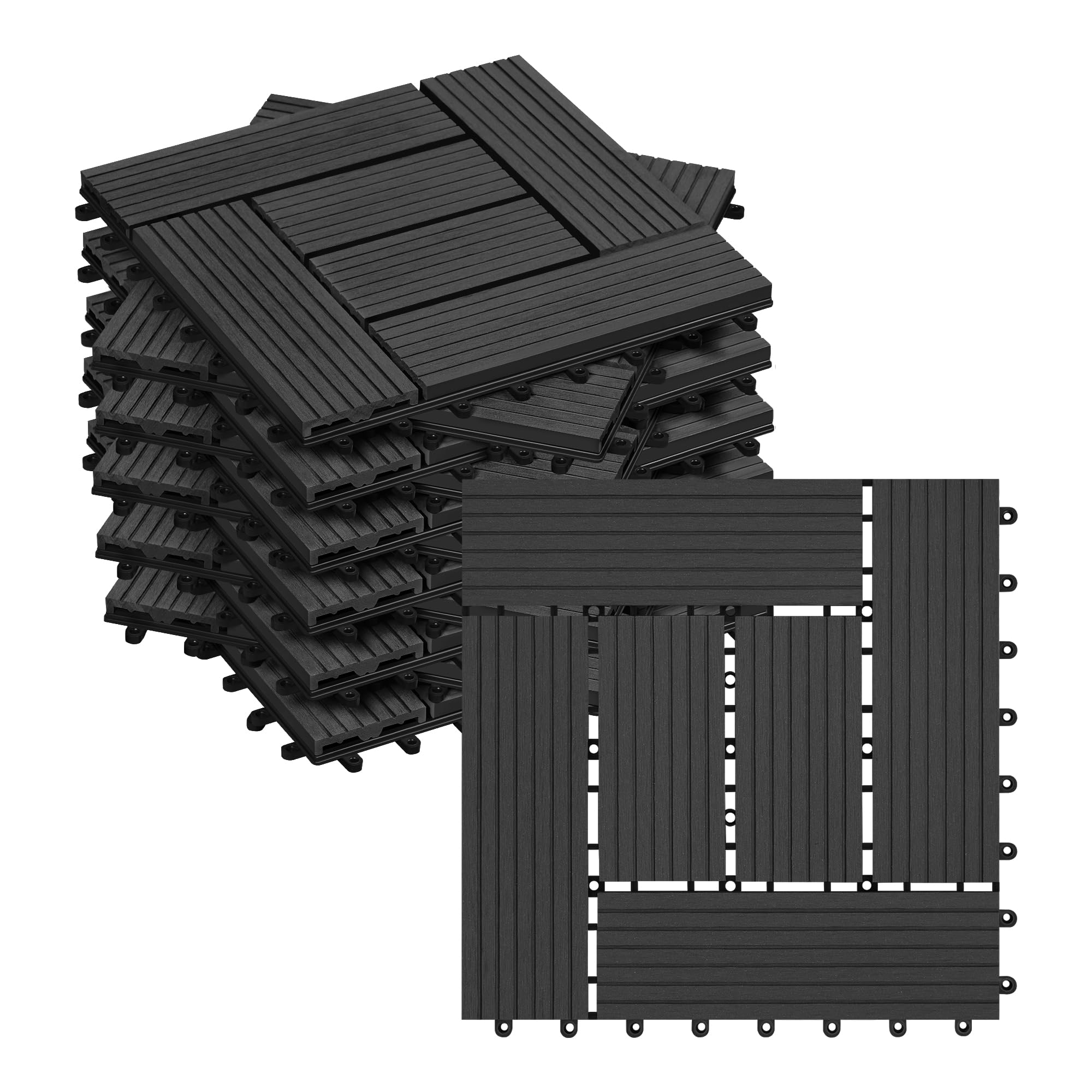 WOLTU 11 x WPC Composite Decking Tiles 30 x 30 cm (1 m²) Interlocking Wood Effect Terrace Tiles Flooring with Click System, Anthracite, GTF004an