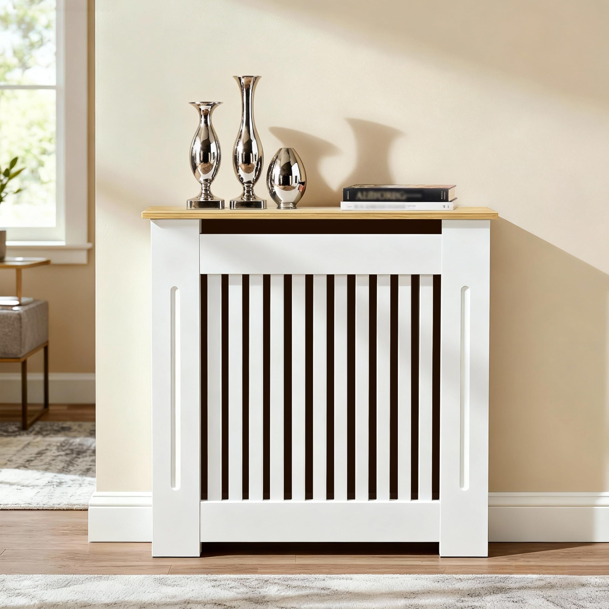 Tall Radiator Cover 90cm high, External 92cm Height Small Heater Covers with Wood Texture Nature Top, Inner Height 90cm Vertical Slats Modern Painted Radiator Covers Shelf MDF Thickened for Bedroom