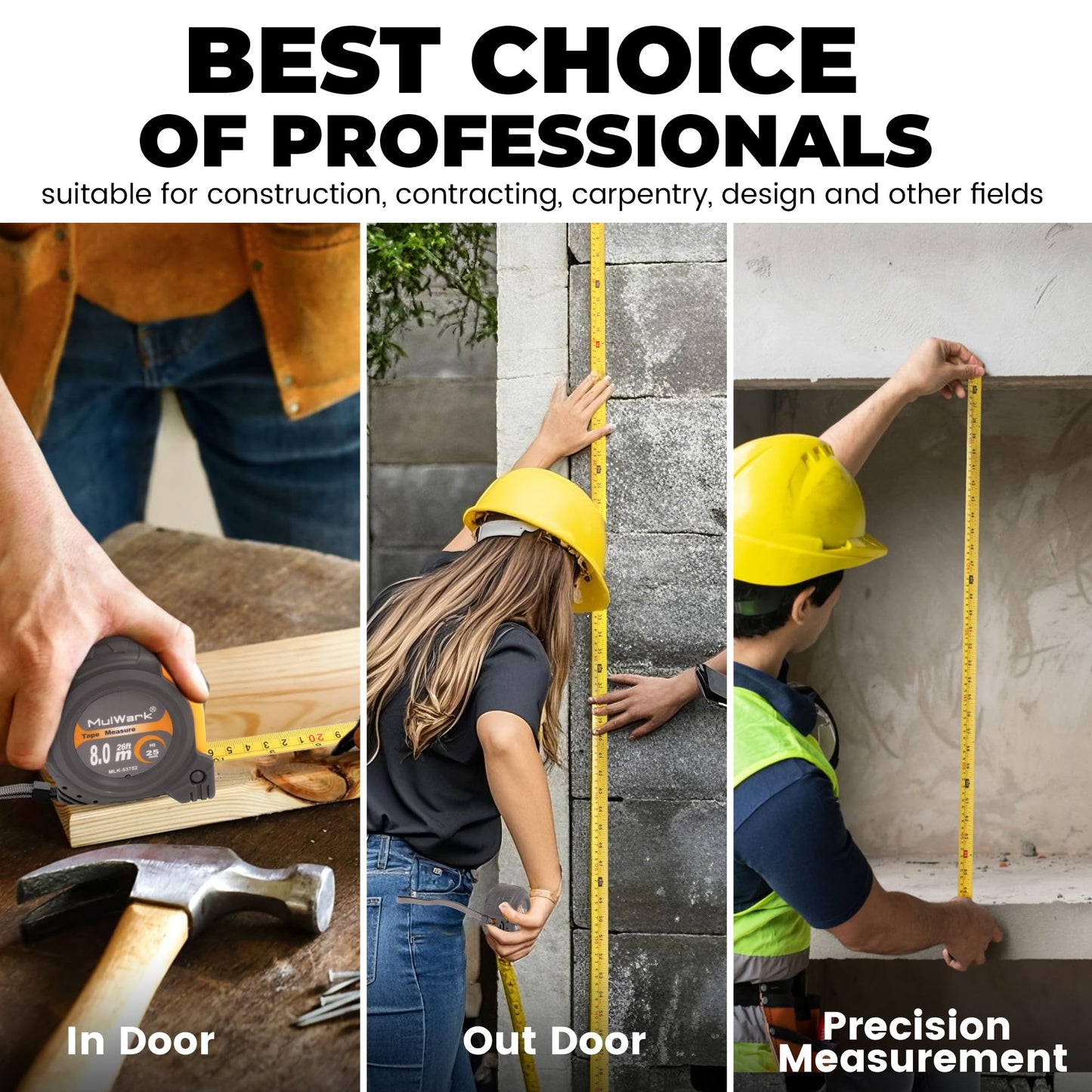 MulWark 8m/26ft Measuring Tape Measure | Metric & Imperial Dual Scale | Magnetic Hook & Wide Blade | Both-Side Metal Blade | Shockproof Case | for Construction, Carpentry & DIY