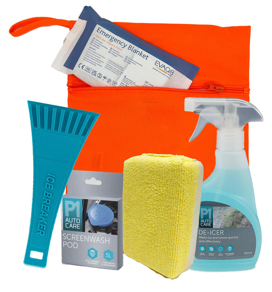 EVAQ8 Winter Car Essentials Kit For Icy Mornings Deicer - Ice Scraper - Windscreen Demister Pad - Screenwash Concentrate - Emergency Blanket