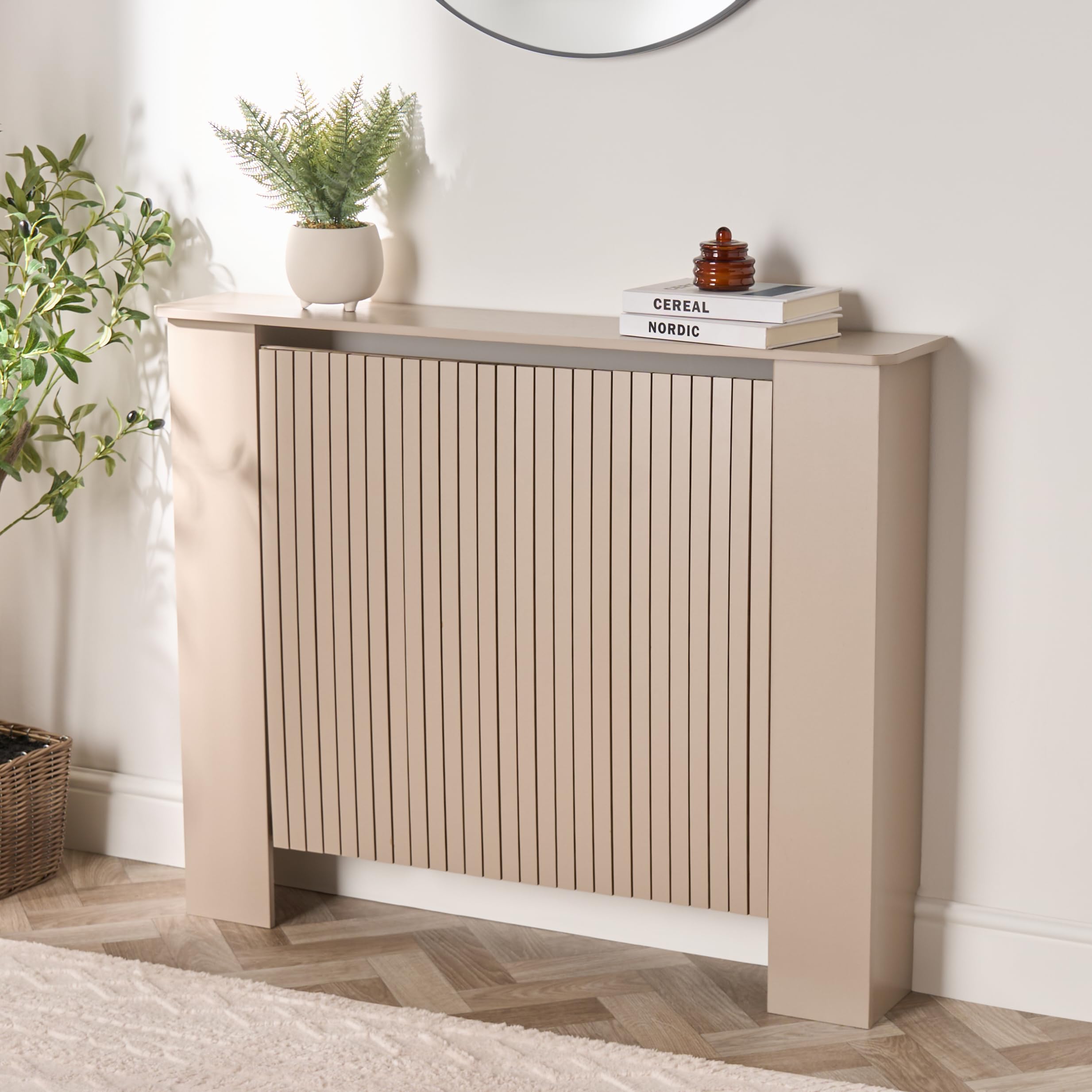 OHS Radiator Cover Stylish Slatted Front, Ribbed Small Radiator Covers MDF Cabinet Decorative Heater Cover with Top Shelf for Living Room Bedroom Hallway, Taupe - 78 x 82 x 19cm