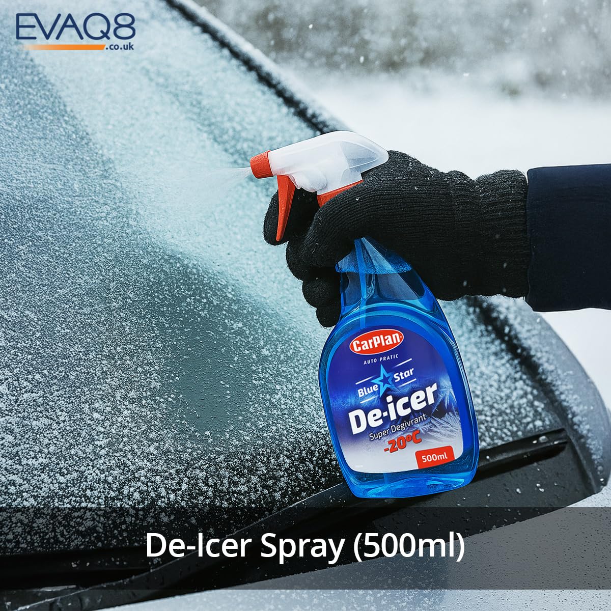 EVAQ8 Car Winter Intermediate Pack – De-icer Spray, Soft-Grip Ice Scraper, Demister Sponge, Wind-Up Torch, Foil Blanket & High-Visibility Vest in Deluxe Gift Bag