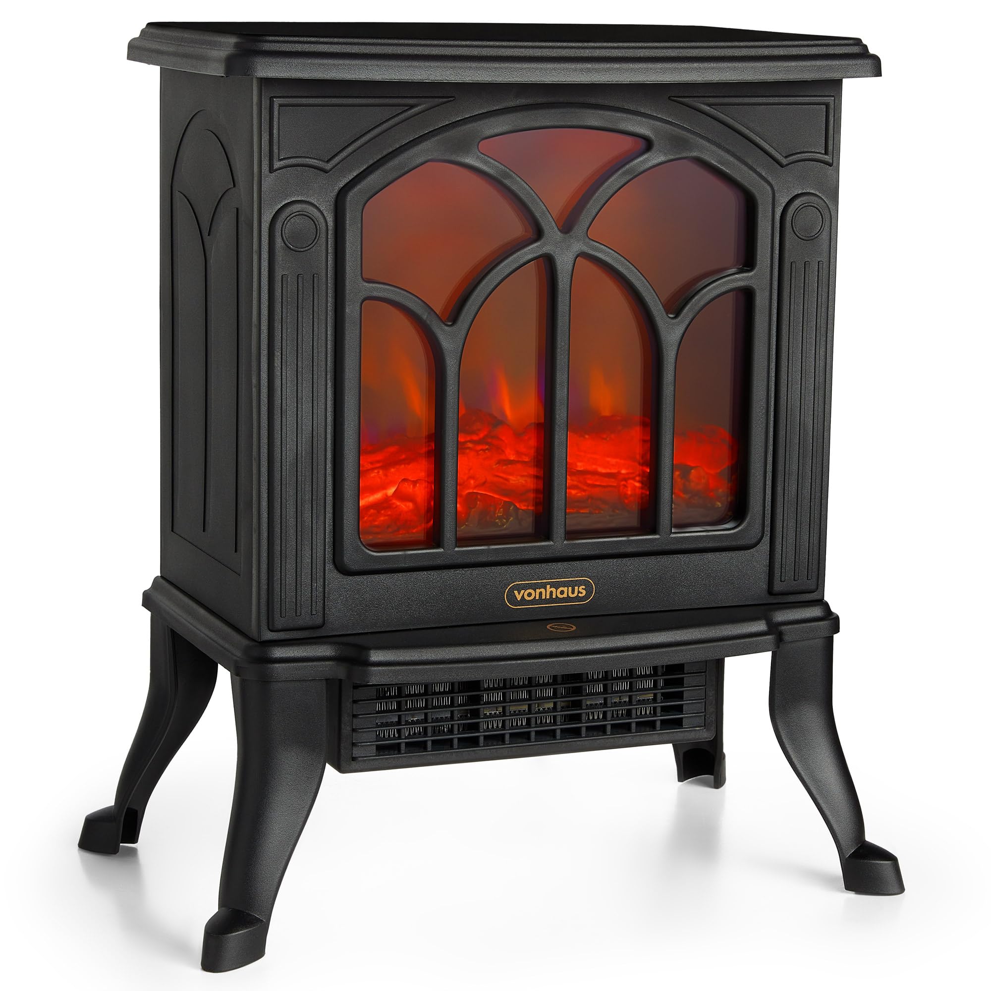VonHaus Electric Stove Heater 1500W – Electric Fireplace – Indoor Log/Wood Burner Effect, Freestanding Fire, Portable, LED Flame, 2 Heat Settings, Adjustable Thermostat, Black – H45 x W41 x D24cm