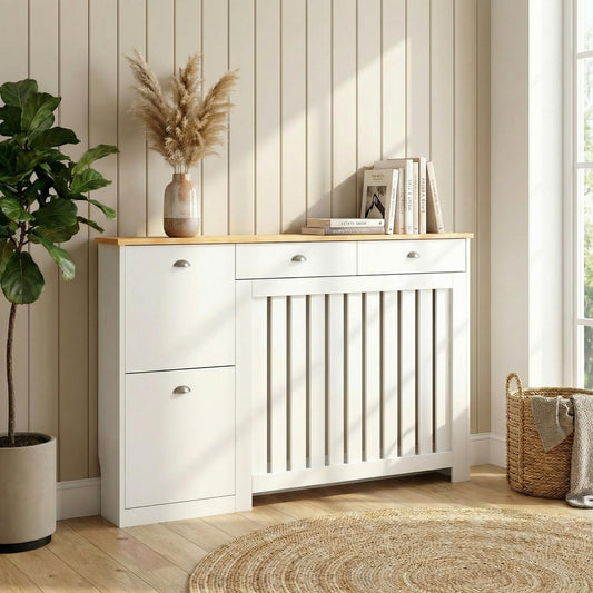 DuraTherm® Linwood Radiator Cover Cream Modern Vertical Slat Shelves MDF Storage Cabinet Shelf for Radiators, Living Rooms, Bedrooms (W: 116.5cm / H: 96cm / D: 19cm)