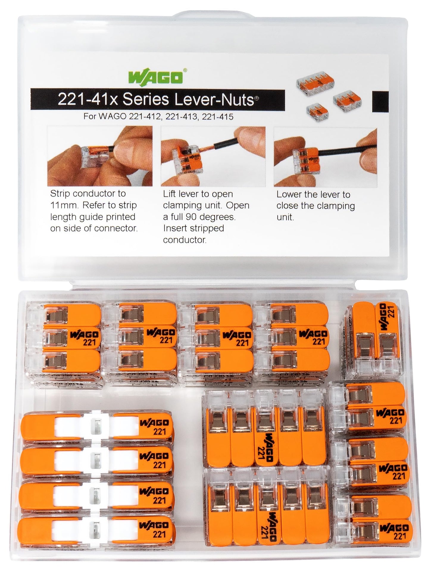 WAGO 221 Lever Nuts 28pc Compact Splicing Wire Connector Assortment with Case | Includes (8X) 221-2401, (8X) 221-412, (8X) 221-413, (4X) 221-415