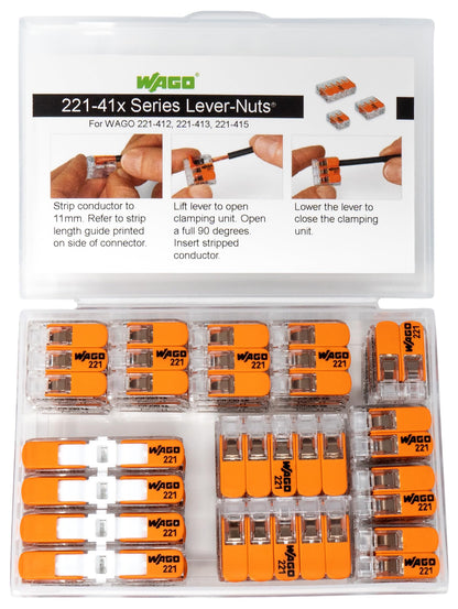 WAGO 221 Lever Nuts 28pc Compact Splicing Wire Connector Assortment with Case | Includes (8X) 221-2401, (8X) 221-412, (8X) 221-413, (4X) 221-415