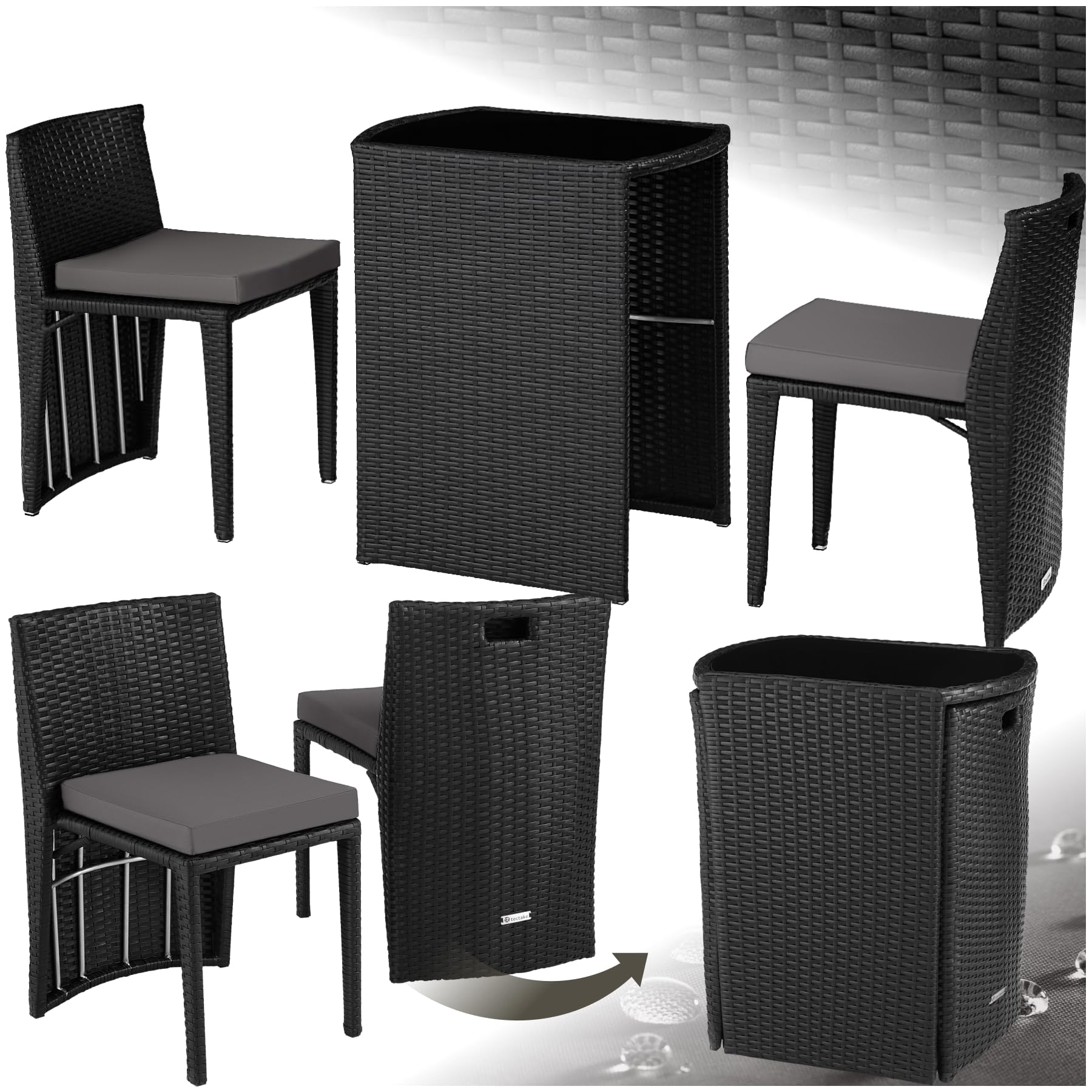 TecTake® Garden Bistro Set, 2 Chairs & 1 Table - Outdoor Dining Furniture made of Rust-Free Aluminium, Weather-Resistant Polyrattan & Water-Repellent Cushions - Unique Space-Saving Design - black