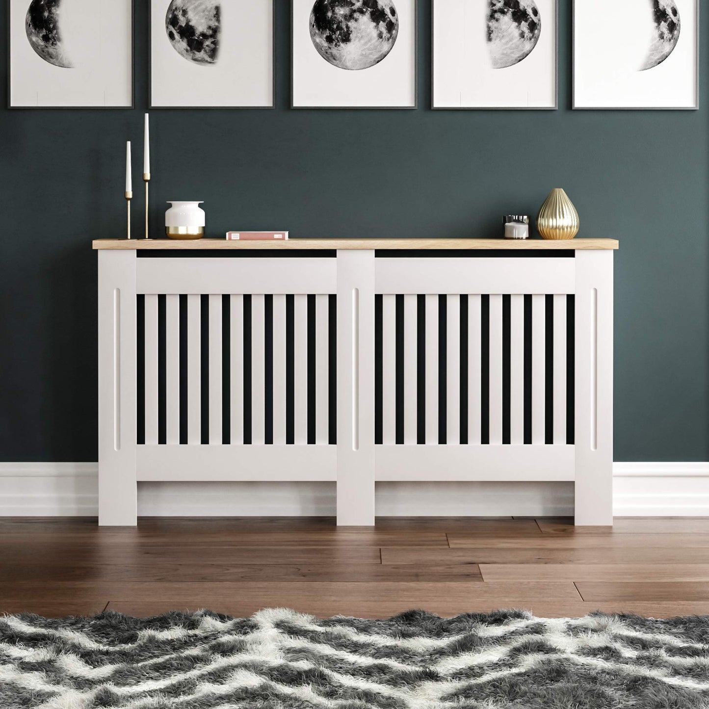 Vida Designs Arlington Radiator Cover White - Large - Modern Shaker Style Vertical Slat Design For Optimal Heat Circulation - H83.3xW152xD19cm - Painted MDF Cabinet with Wood Top Shelf