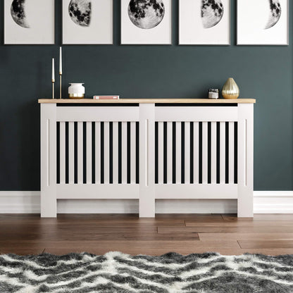 Vida Designs Arlington Radiator Cover White - Large - Modern Shaker Style Vertical Slat Design For Optimal Heat Circulation - H83.3xW152xD19cm - Painted MDF Cabinet with Wood Top Shelf