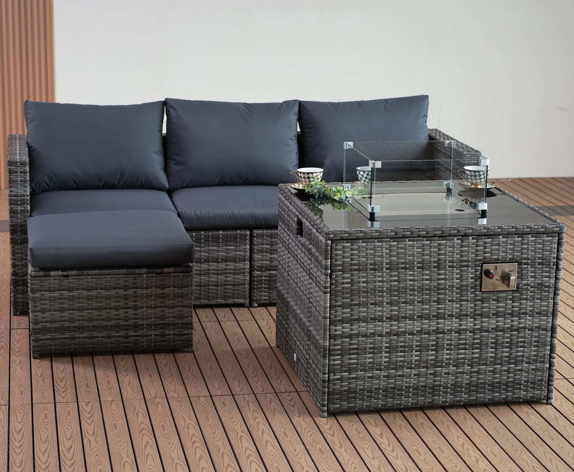 GOODS EMPORIUM Corner Rattan Garden Furniture Set with Fire Pit Table - Outdoor Patio furniture Conservatory Sofa sets - RAIN COVER INCLUDED (Dark Grey, L Shape - Fire Pit Coffee Table)