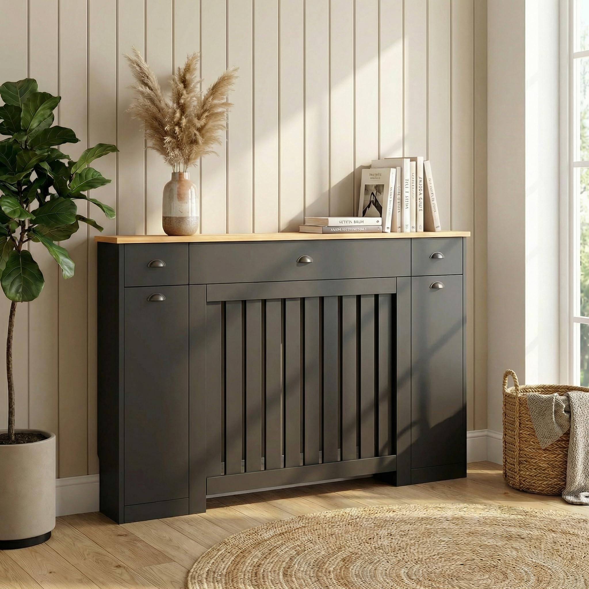 DuraTherm® Linwood Radiator Cover Black Modern Vertical Slat Shelves MDF Storage Cabinet Shelf for Radiators, Living Rooms, Bedrooms (W: 128cm / H: 96cm / D: 19cm)