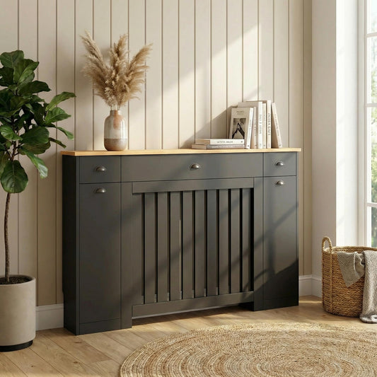 DuraTherm® Linwood Radiator Cover Black Modern Vertical Slat Shelves MDF Storage Cabinet Shelf for Radiators, Living Rooms, Bedrooms (W: 128cm / H: 96cm / D: 19cm)