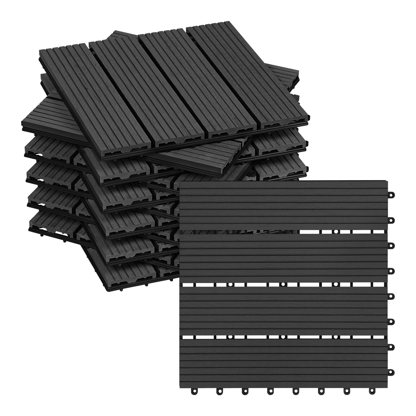 WOLTU WPC Composite Decking Tiles Set of 11 Interlocking Wood Effect Terrace Tiles Flooring with Click System - Anthracite, 30 x 30 cm, GTF001an