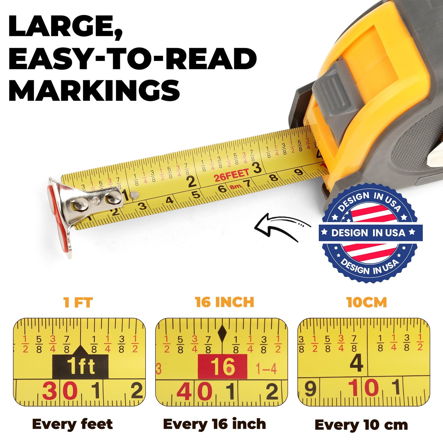 MulWark 8m/26ft Measuring Tape Measure | Metric & Imperial Dual Scale | Magnetic Hook & Wide Blade | Both-Side Metal Blade | Shockproof Case | for Construction, Carpentry & DIY