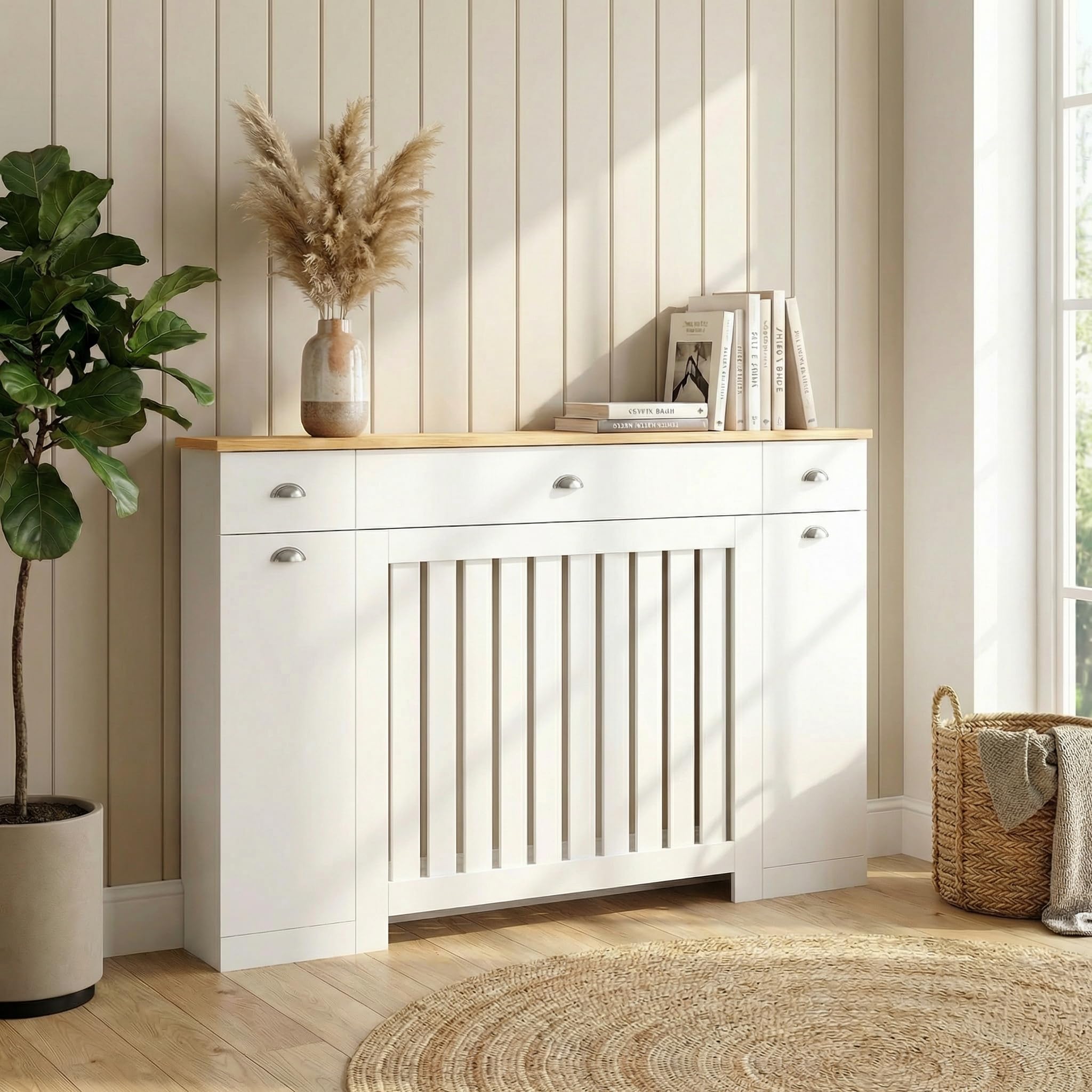 DuraTherm® Linwood Radiator Cover Cream Modern Vertical Slat Shelves MDF Storage Cabinet Shelf for Radiators, Living Rooms, Bedrooms (W: 128cm / H: 96cm / D: 19cm)