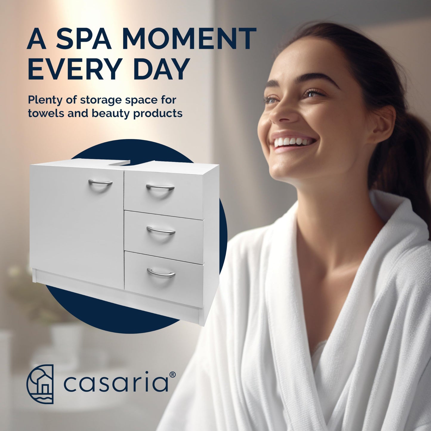 CASARIA® Naples Vanity Unit | Under Sink Bathroom Cabinet | Wooden Floor Cupboard | Toilet Roll & Towel Storage with 3 Drawers | White | Under Basin Freestanding Unit | 63 x 54 x 30cm