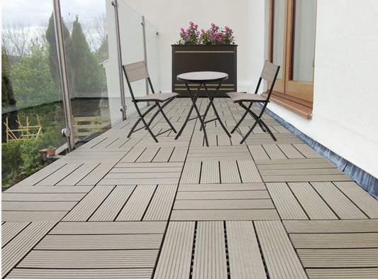 AQS INTERNATIONAL Set of 11 (1m²) Decking Floor Tile - Interlocking Plastic WPC Garden Patio Terrace Balcony Tiles - Flooring Wood Plastic Composite With Click System 30cm x 30cm (Grey)