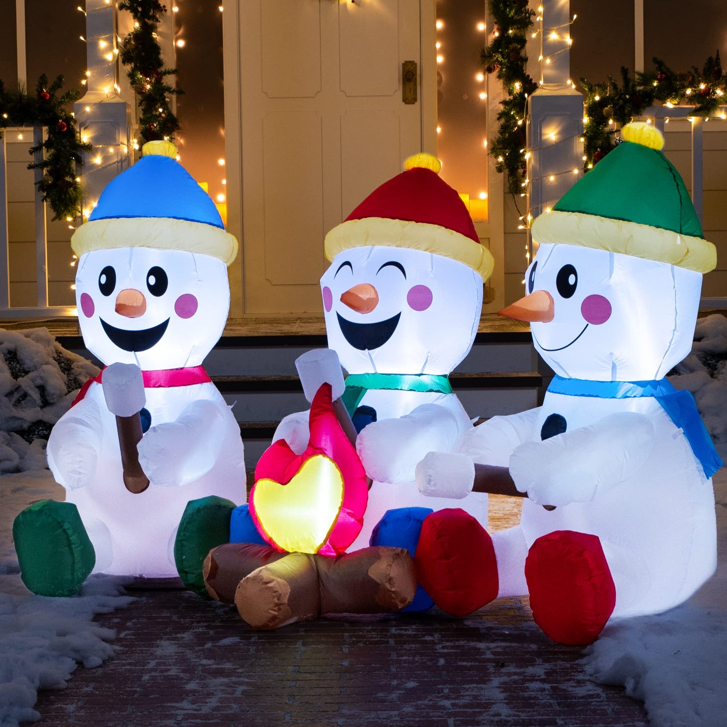 Joiedomi 6 FT Christmas Snowman Inflatable Outdoor Decoration, Snowman Blow Up Inflatables for Xmas Party, Shinny for Party Indoor, Outdoor, Yard, Garden, Lawn (3 Small Snowmen with Campfire)