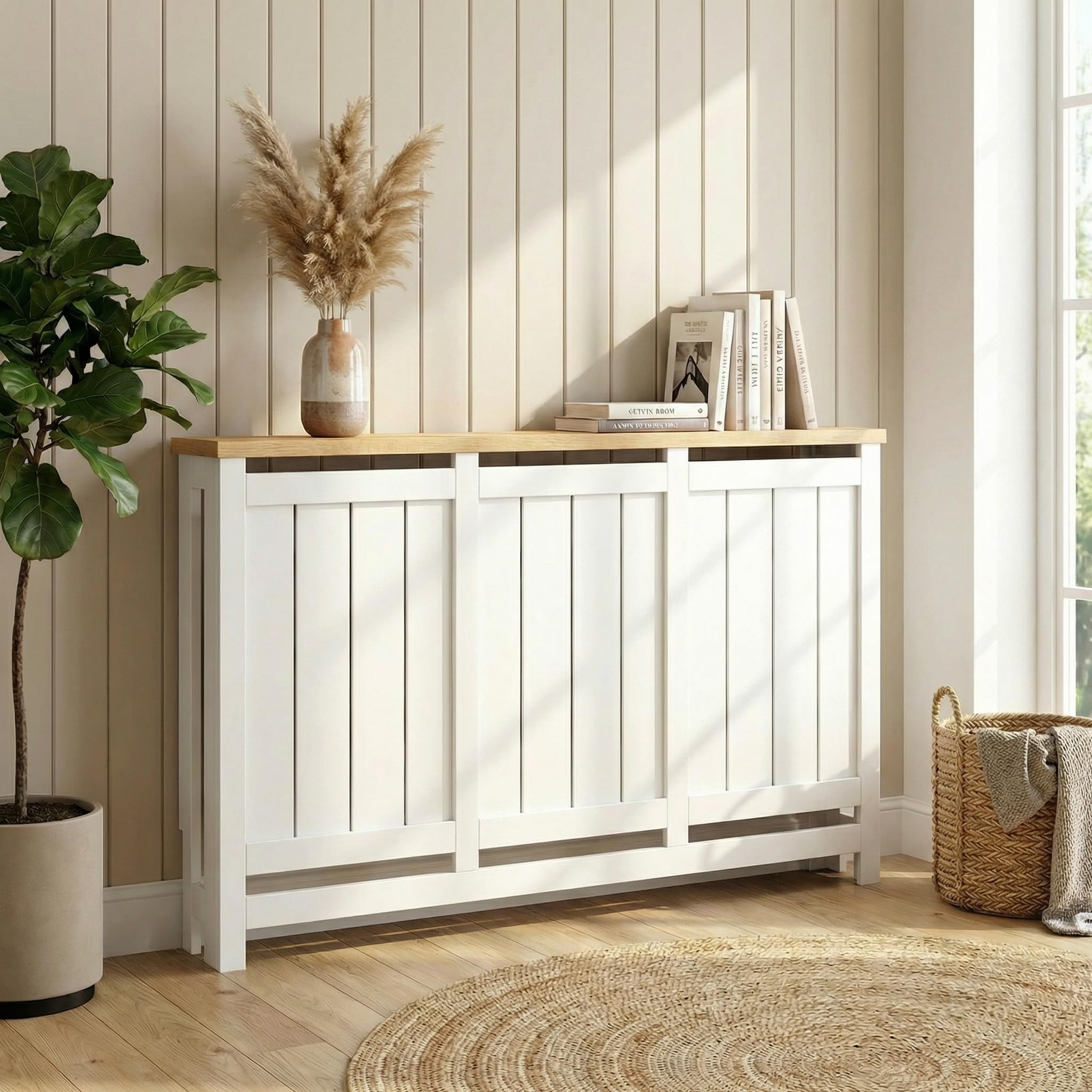 DuraTherm® Stratford Radiator Cover White Modern Vertical Slat Shelves MDF Cabinet Shelf for Radiators, Living Rooms, Bedrooms, Large (W: 150cm / H: 81.5cm / D: 19cm)