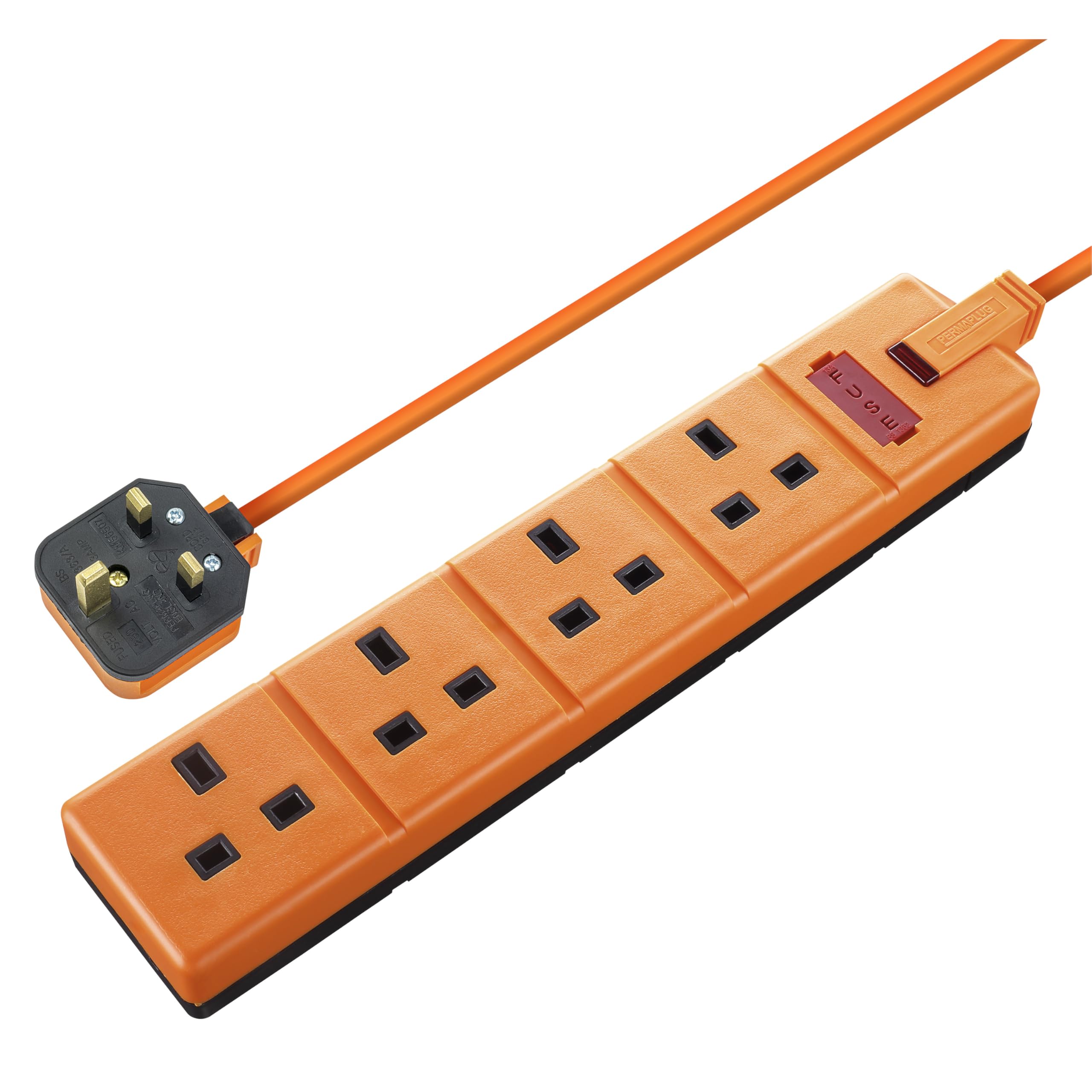 Masterplug Four Socket Extension Lead, 4 Metre Cable, LED Power Indicator, Unswitched, Heavy Duty, Rewireable, Power Strip, Work Power, Permaplug, Orange, 13A, 4G, 4m, EXS1344O
