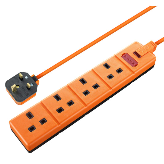Masterplug Four Socket Extension Lead, 4 Metre Cable, LED Power Indicator, Unswitched, Heavy Duty, Rewireable, Power Strip, Work Power, Permaplug, Orange, 13A, 4G, 4m, EXS1344O