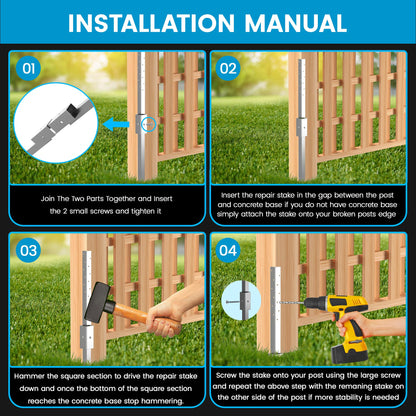 2 Pack Fence Post Repair Stakes - Repair Kit for Damaged Posts - Anchor for Stability - Spikes to Fix Broken Wood Fences