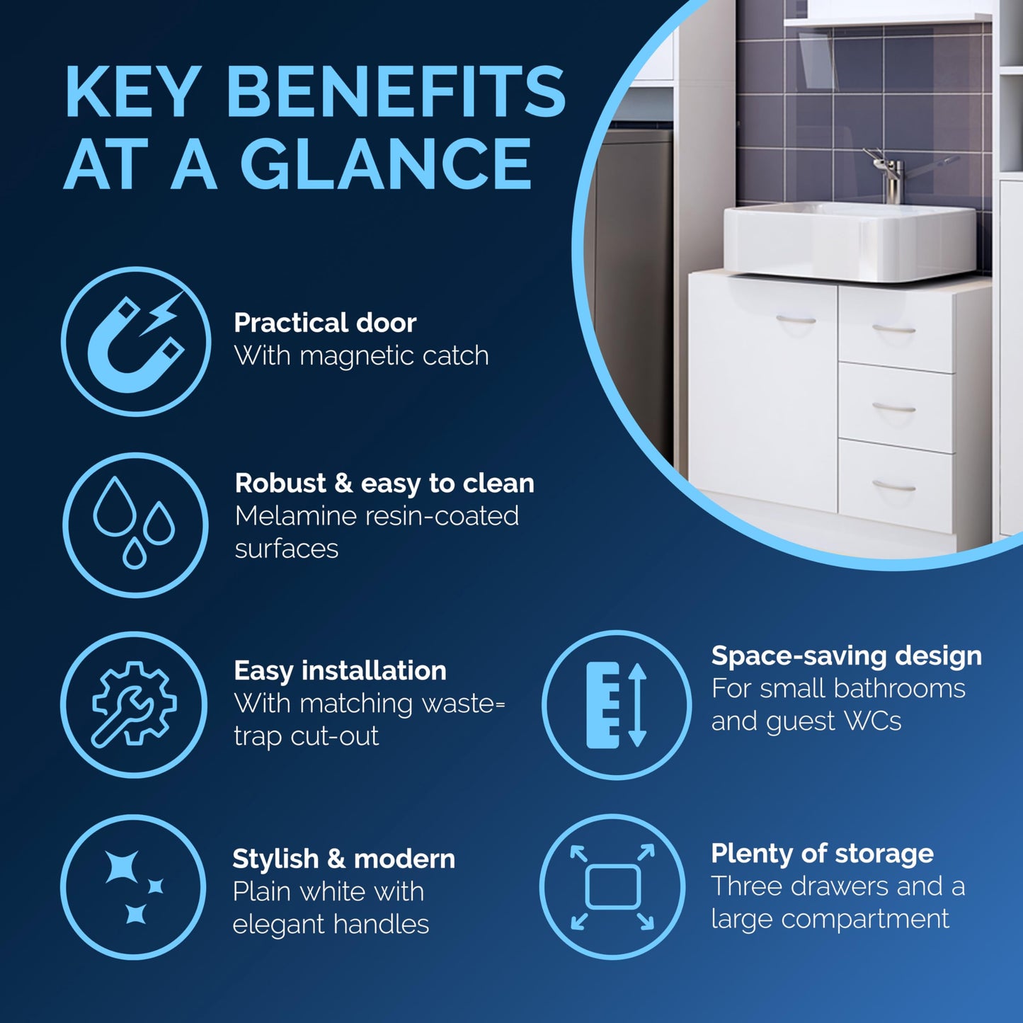 CASARIA® Naples Vanity Unit | Under Sink Bathroom Cabinet | Wooden Floor Cupboard | Toilet Roll & Towel Storage with 3 Drawers | White | Under Basin Freestanding Unit | 63 x 54 x 30cm