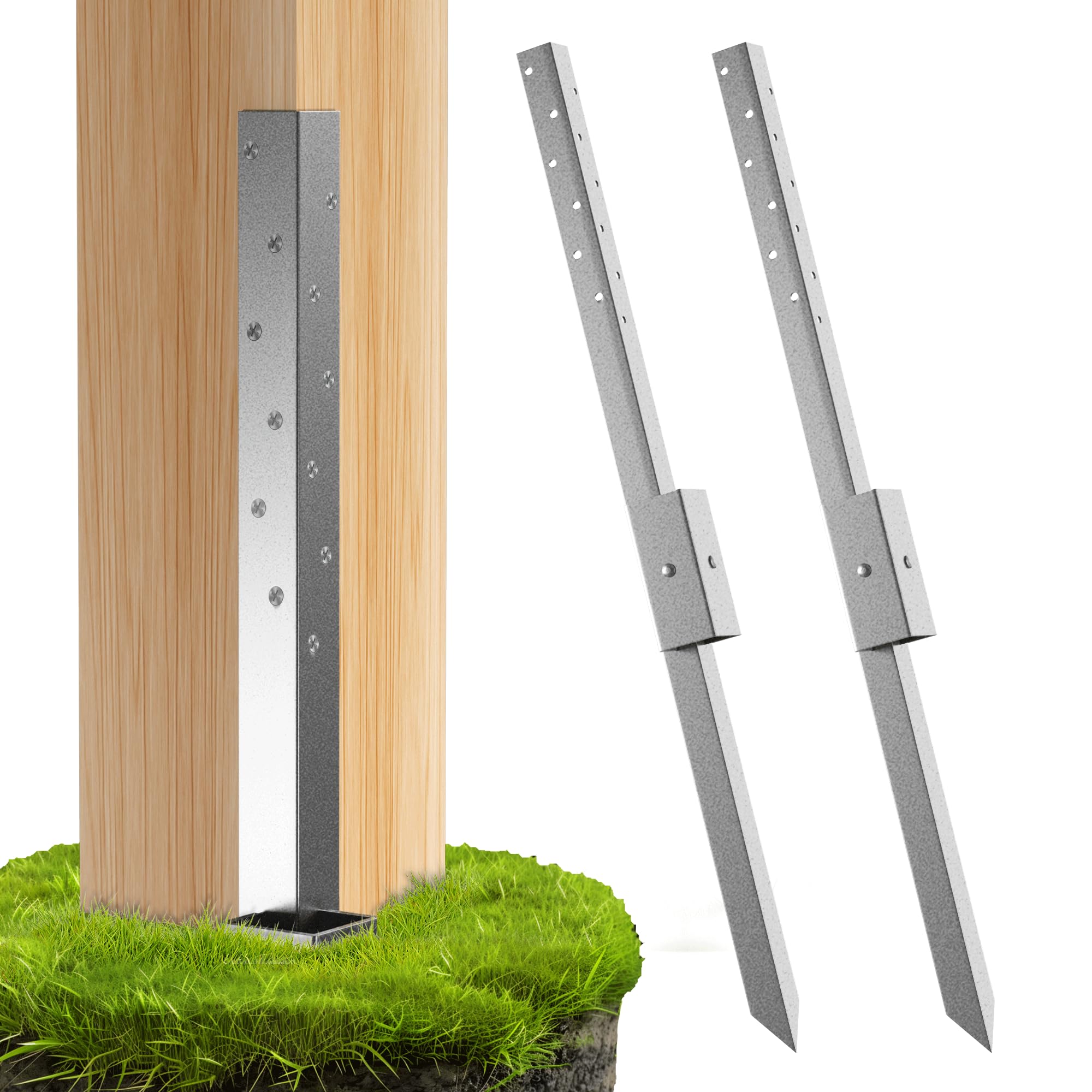 2 Pack Fence Post Repair Stakes - Repair Kit for Damaged Posts - Anchor for Stability - Spikes to Fix Broken Wood Fences