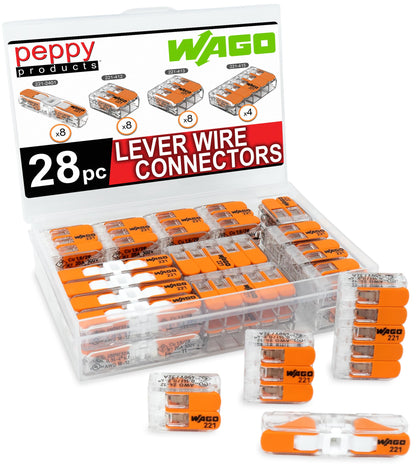 WAGO 221 Lever Nuts 28pc Compact Splicing Wire Connector Assortment with Case | Includes (8X) 221-2401, (8X) 221-412, (8X) 221-413, (4X) 221-415